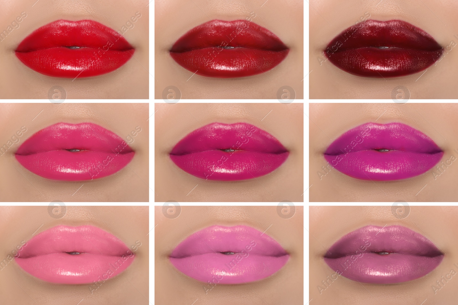 Image of Collage with photos of woman with different beautiful lipsticks, closeup