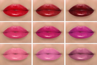 Collage with photos of woman with different beautiful lipsticks, closeup