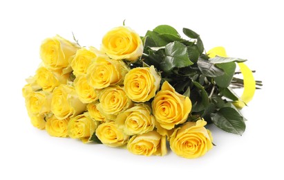 Photo of Beautiful bouquet of yellow roses isolated on white