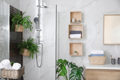 Bathroom interior with shower stall, counter and houseplants. Idea for design