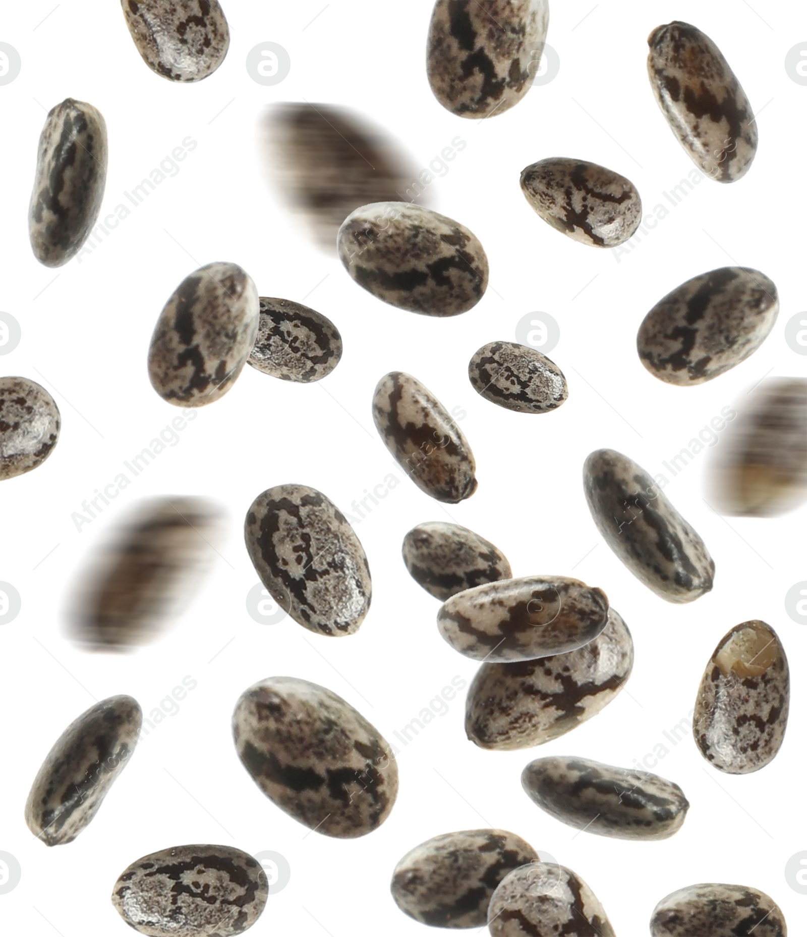 Image of Many chia grains falling on white background. Vegan diet 