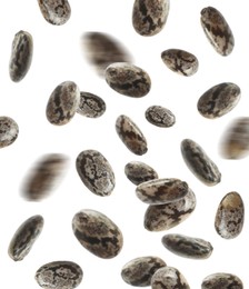 Image of Many chia grains falling on white background. Vegan diet 