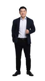Businessman in suit posing on white background