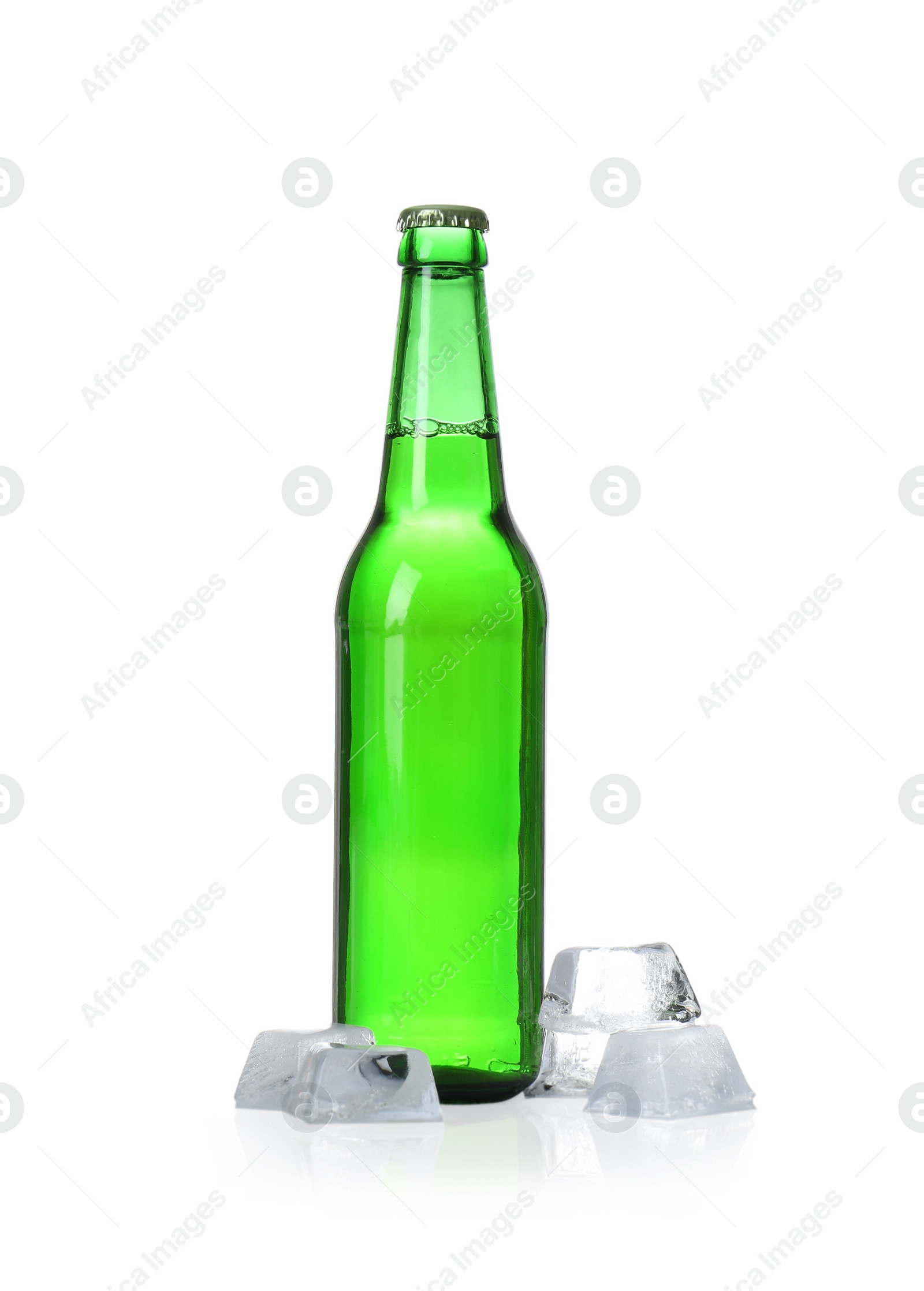 Photo of Bottle of beer and ice cubes on white background