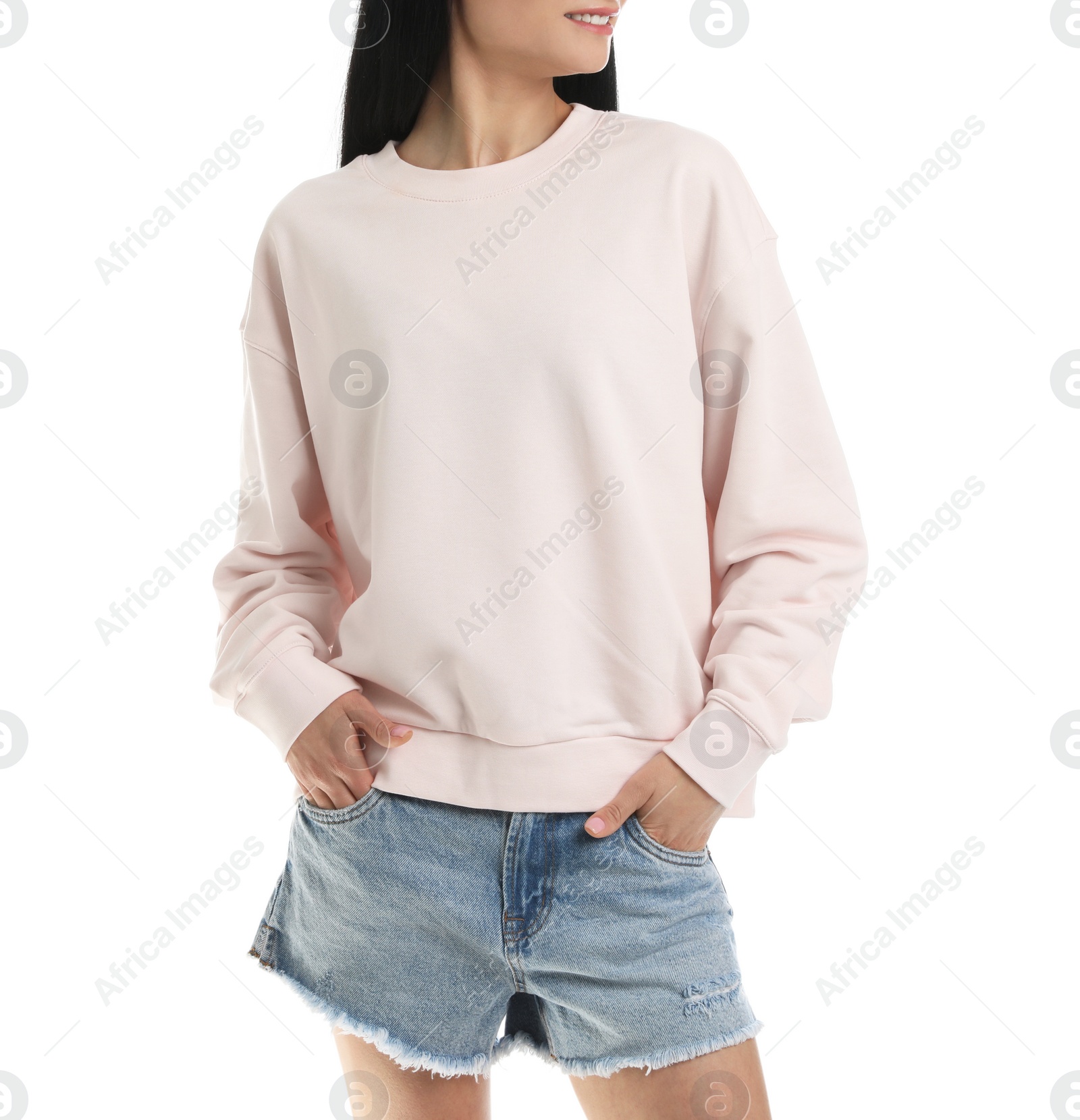 Photo of Young woman in sweater isolated on white, closeup. Mock up for design