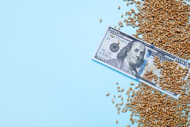 Photo of Import and export concept. Wheat grains and money on light blue background, flat lay. Space for text