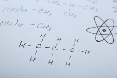 Photo of Sheet of paper with different chemical formulas, closeup