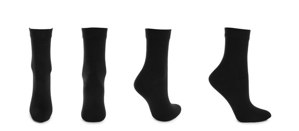 Set with black socks on white background. Banner design