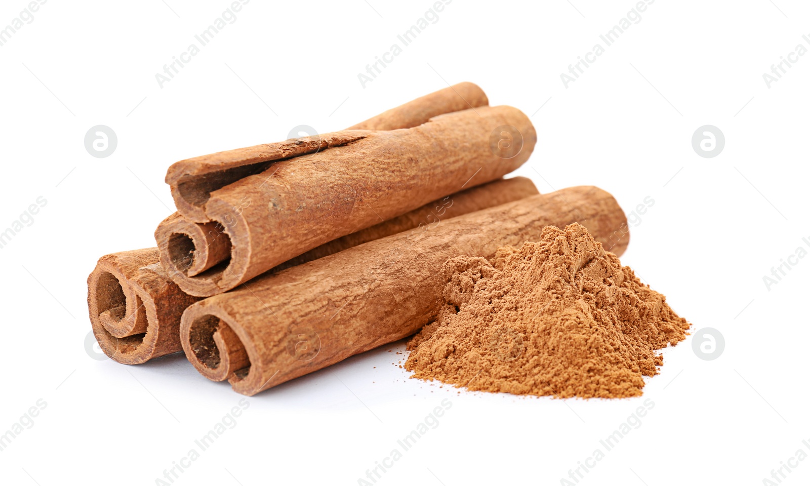 Photo of Aromatic cinnamon sticks and powder on white background