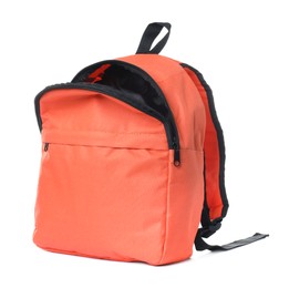Photo of One stylish orange backpack on white background