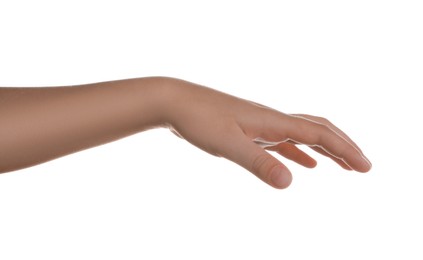 Photo of Child showing hand on white background, closeup