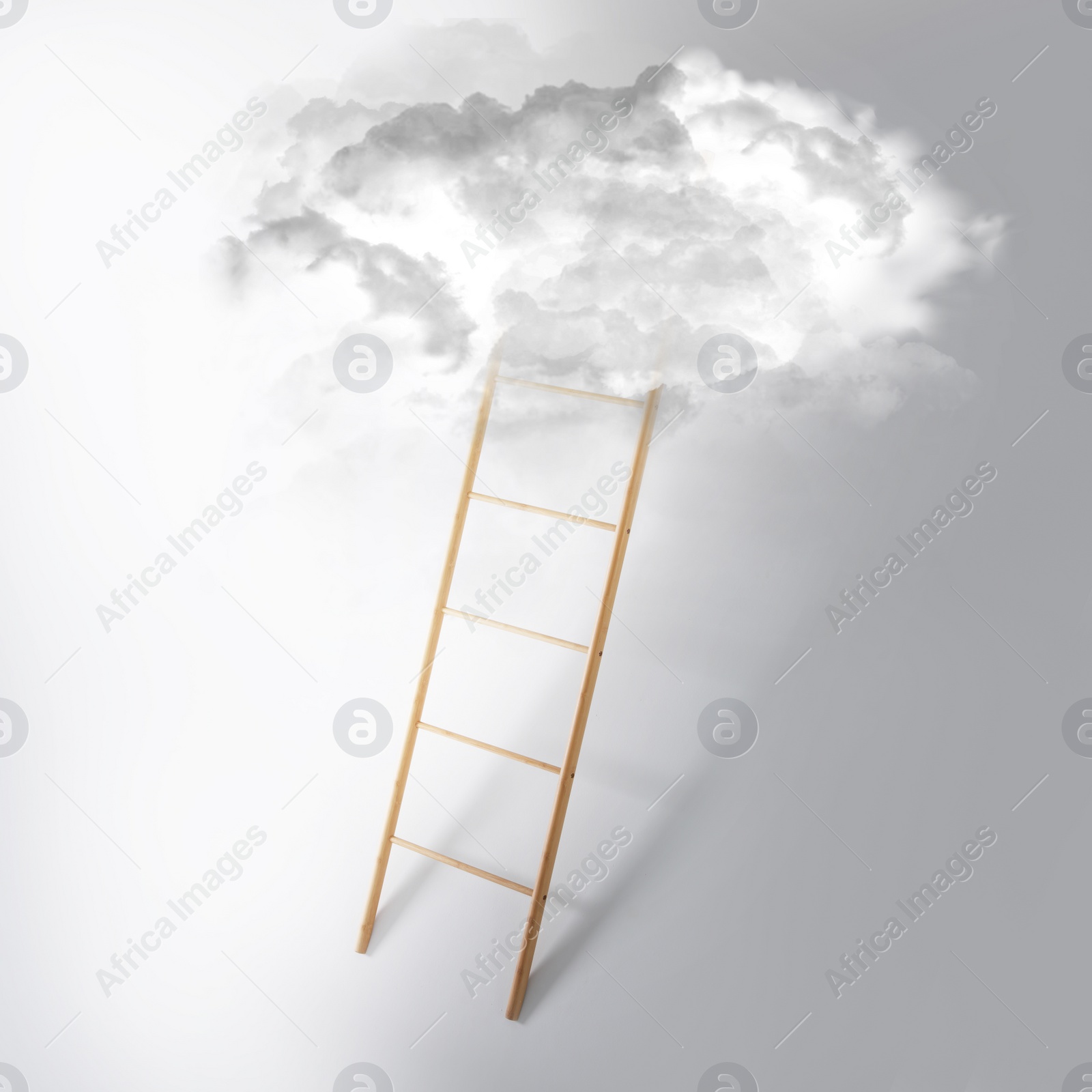 Image of Wooden ladder leading to white cloud on light grey background. Concept of growth and development