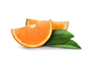 Photo of Slices of ripe orange with leaves isolated on white