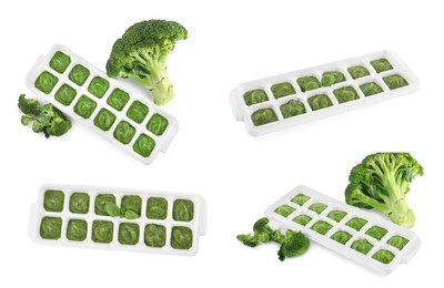 Image of Set with frozen broccolis puree in ice cube trays and ingredients on white background