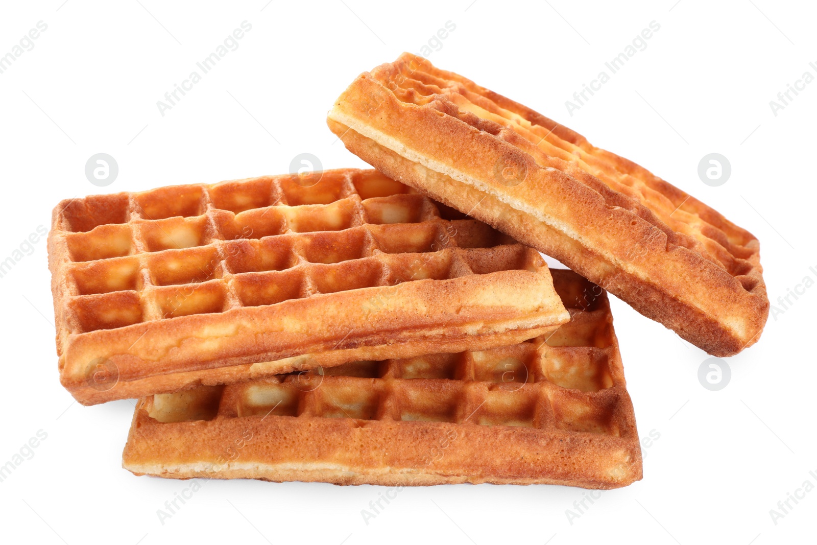 Photo of Three delicious Belgian waffles on white background