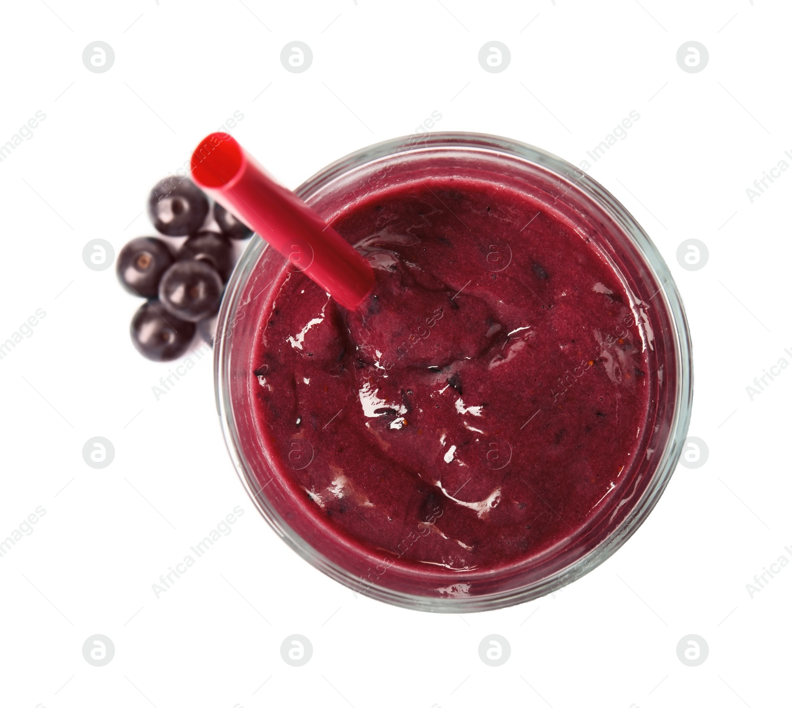 Photo of Glass with delicious acai smoothie on white background