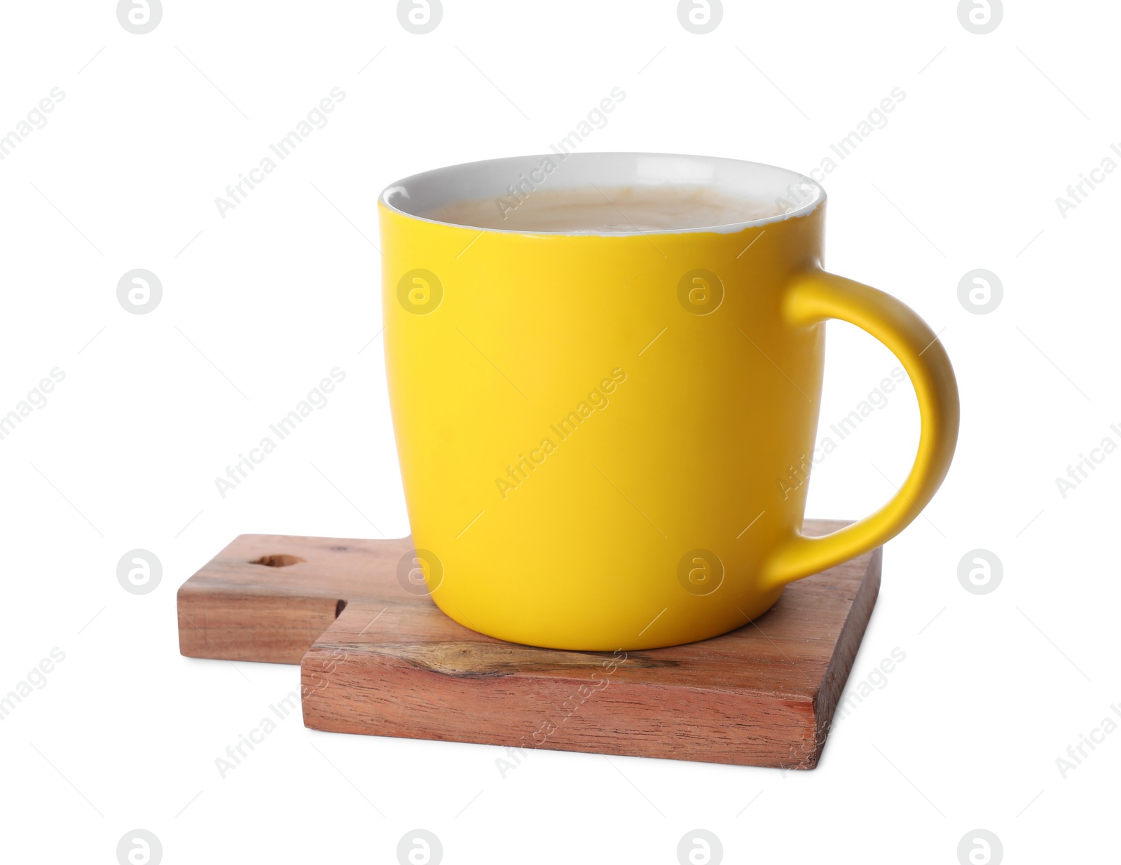 Photo of Mug of coffee and stylish wooden cup coaster isolated on white