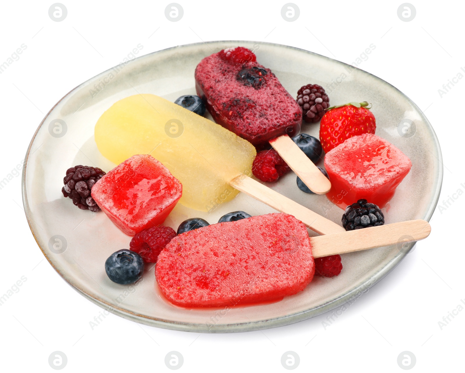 Photo of Plate of different tasty ice pops isolated on white. Fruit popsicle