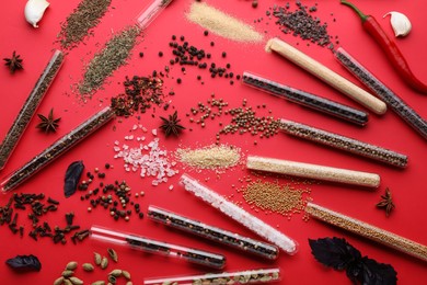 Photo of Glass tubes with different spices on red background, flat lay