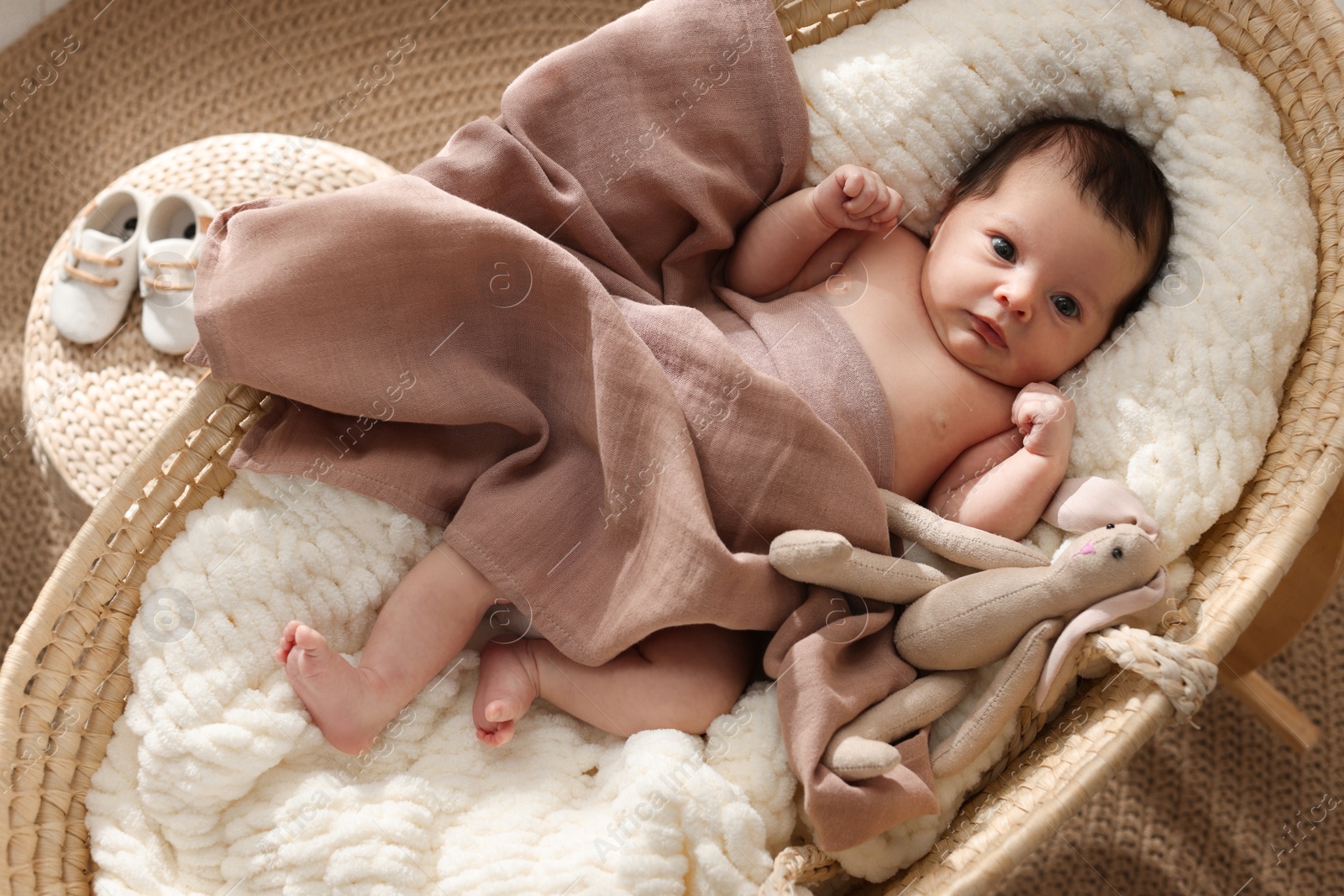 Photo of Cute newborn baby with toy bunny lying in cradle at home, top view