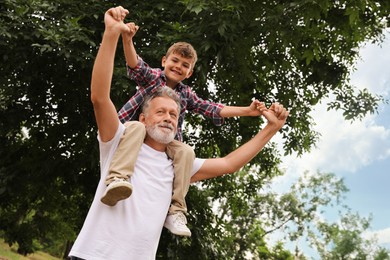 Cute little boy and grandfather spending time together in park