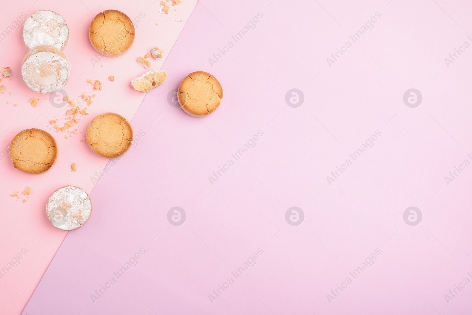 Photo of Delicious cookies on color background, flat lay. Space for text