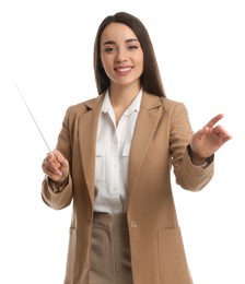 Music teacher with baton on white background