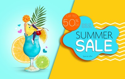 Image of Hot summer sale flyer design. Woman and refreshing cocktail on bright background