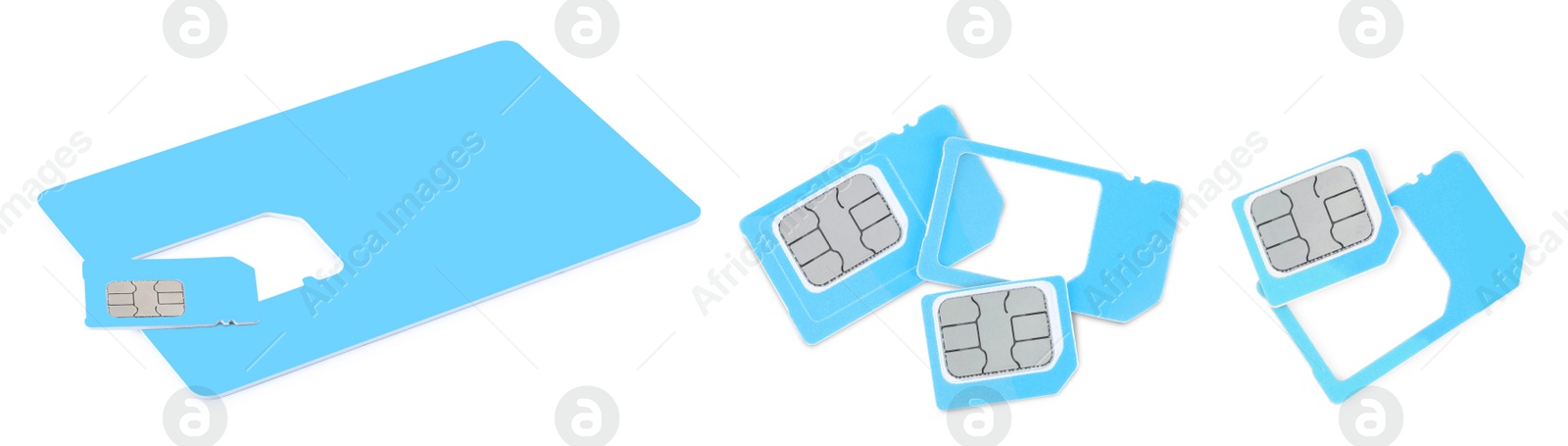 Image of Set with light blue SIM cards on white background. Banner design