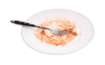 Photo of Dirty plate and fork on white background