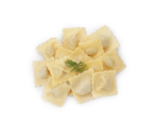 Delicious ravioli with tasty filling and dill isolated on white, top view