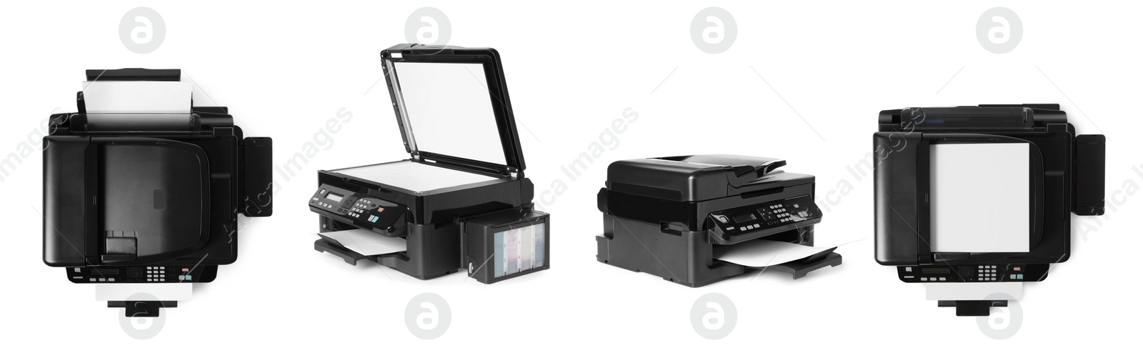 Image of Modern multifunction printer on white background, views from different sides. Banner design