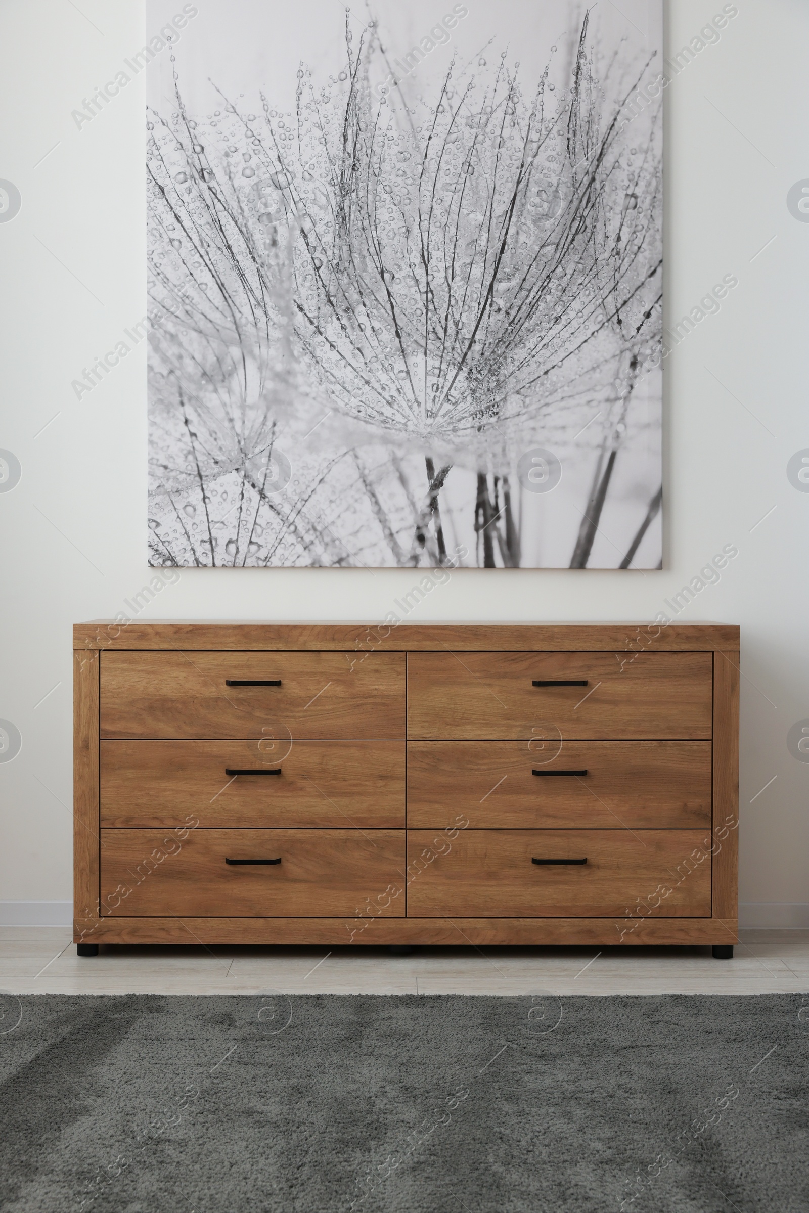 Photo of Wooden chest of drawers near white wall in room