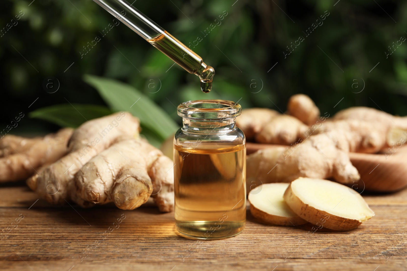 Photo of Dripping ginger essential oil from pipette into bottle on wooden table