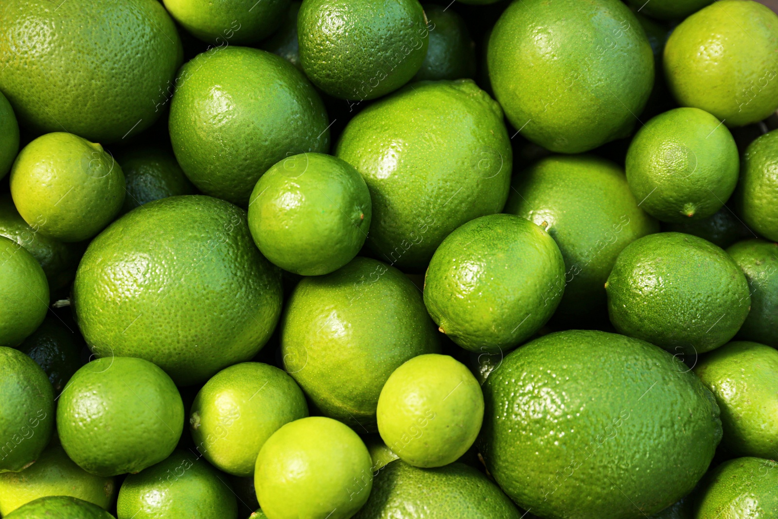 Photo of Fresh ripe green limes as background, top view