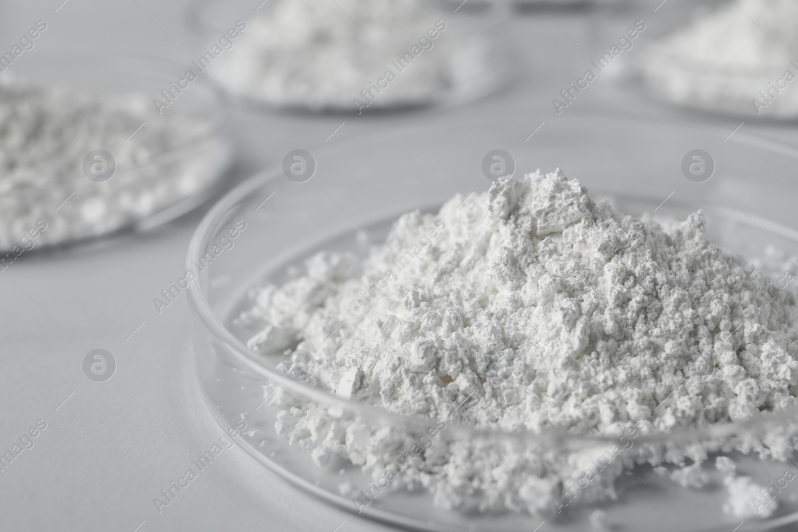 Photo of Petri dishes with calcium carbonate powder on white table, closeup