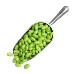 Photo of Metal scoop with fresh edamame soy beans on white background, top view