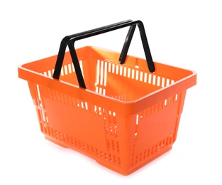 Photo of Color plastic shopping basket on white background