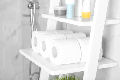 Photo of Toilet paper rolls on shelving unit in bathroom