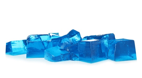 Photo of Heap of blue jelly cubes on white background