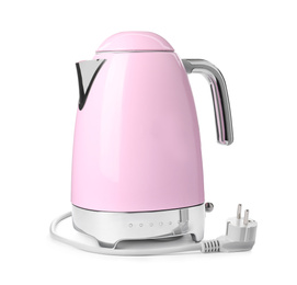 Photo of Modern pink electric kettle with base and plug isolated on white