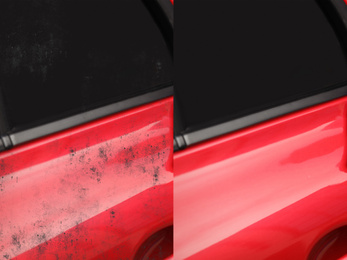 Modern red automobile before and after washing, closeup 