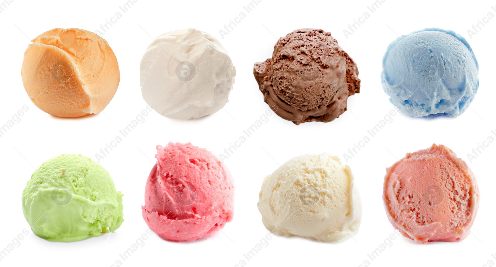 Image of Set with scoops of different ice creams on white background. Banner design