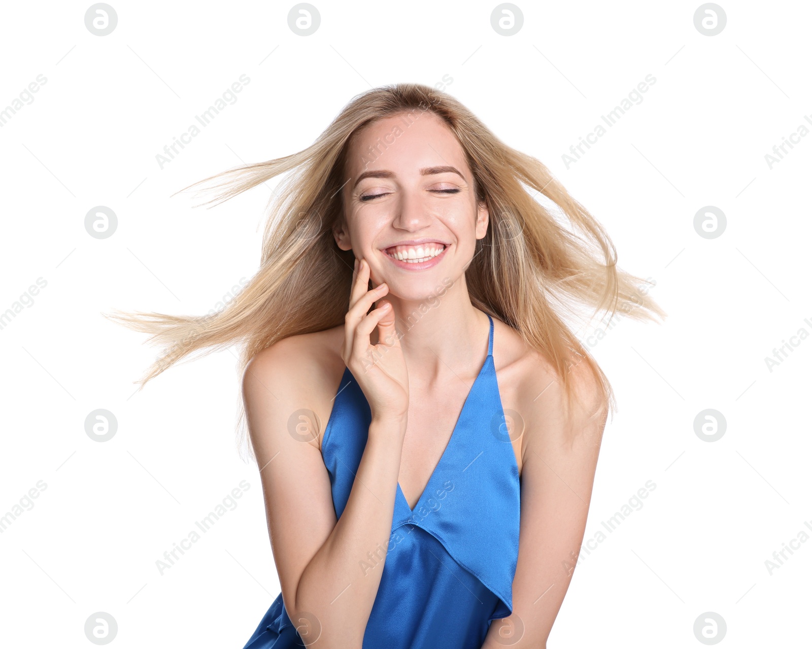 Photo of Portrait of beautiful young woman with blonde hair on white background