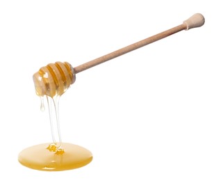 Photo of Natural honey dripping from dipper on white background