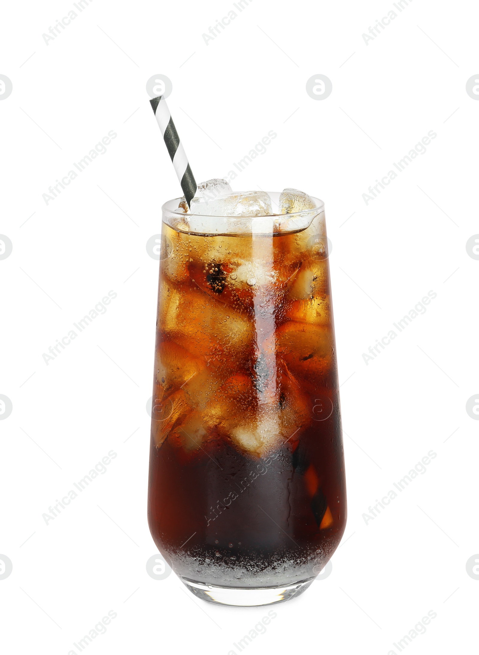 Photo of Glass of refreshing soda drink with ice cubes isolated on white