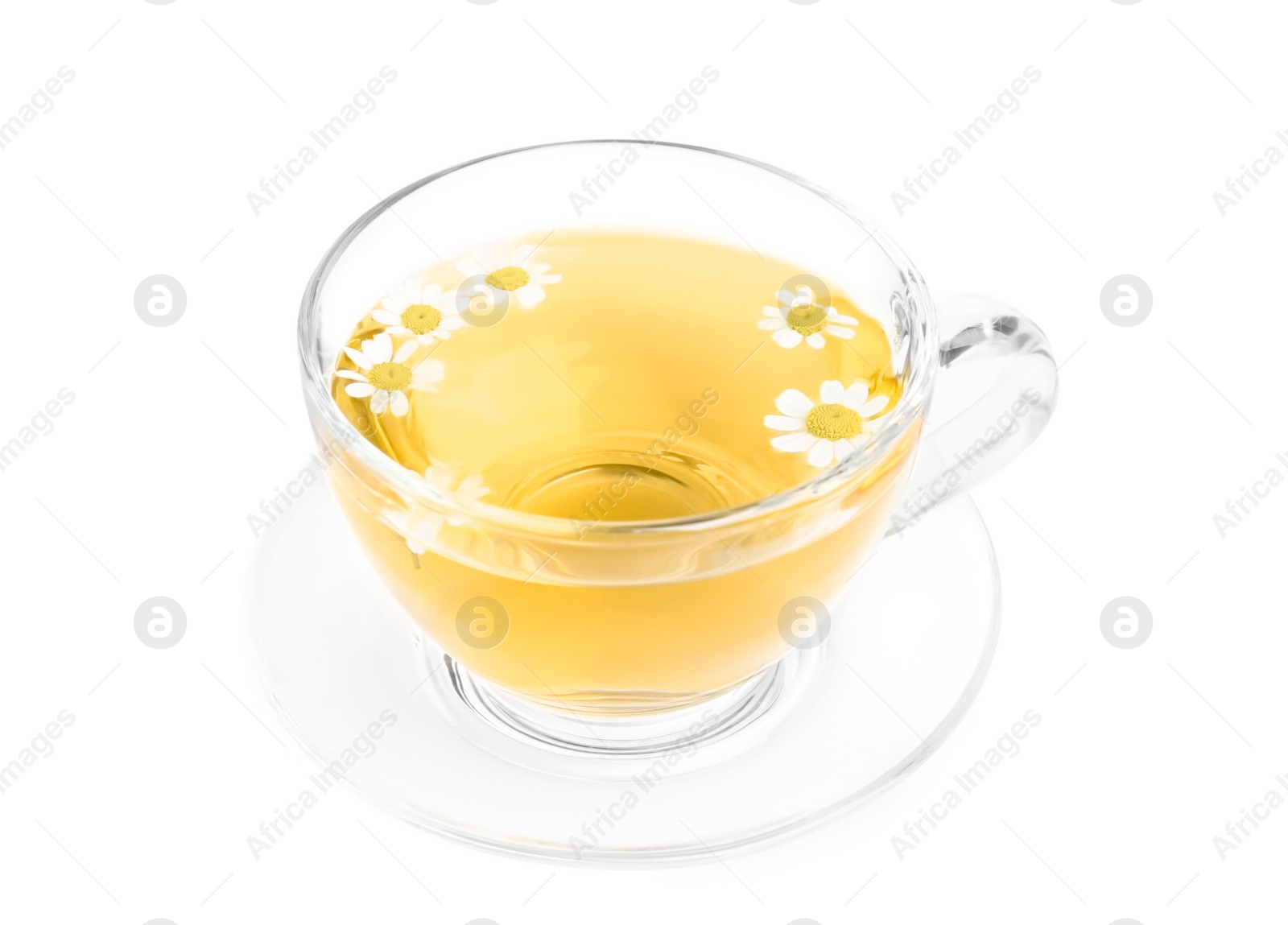 Photo of Delicious chamomile tea in glass cup isolated on white