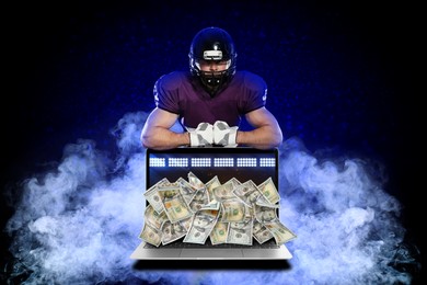 Sports betting. Laptop with banknotes near American football player in smoke on dark background