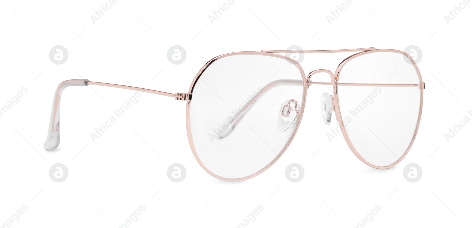 Photo of Stylish glasses with metal frame isolated on white