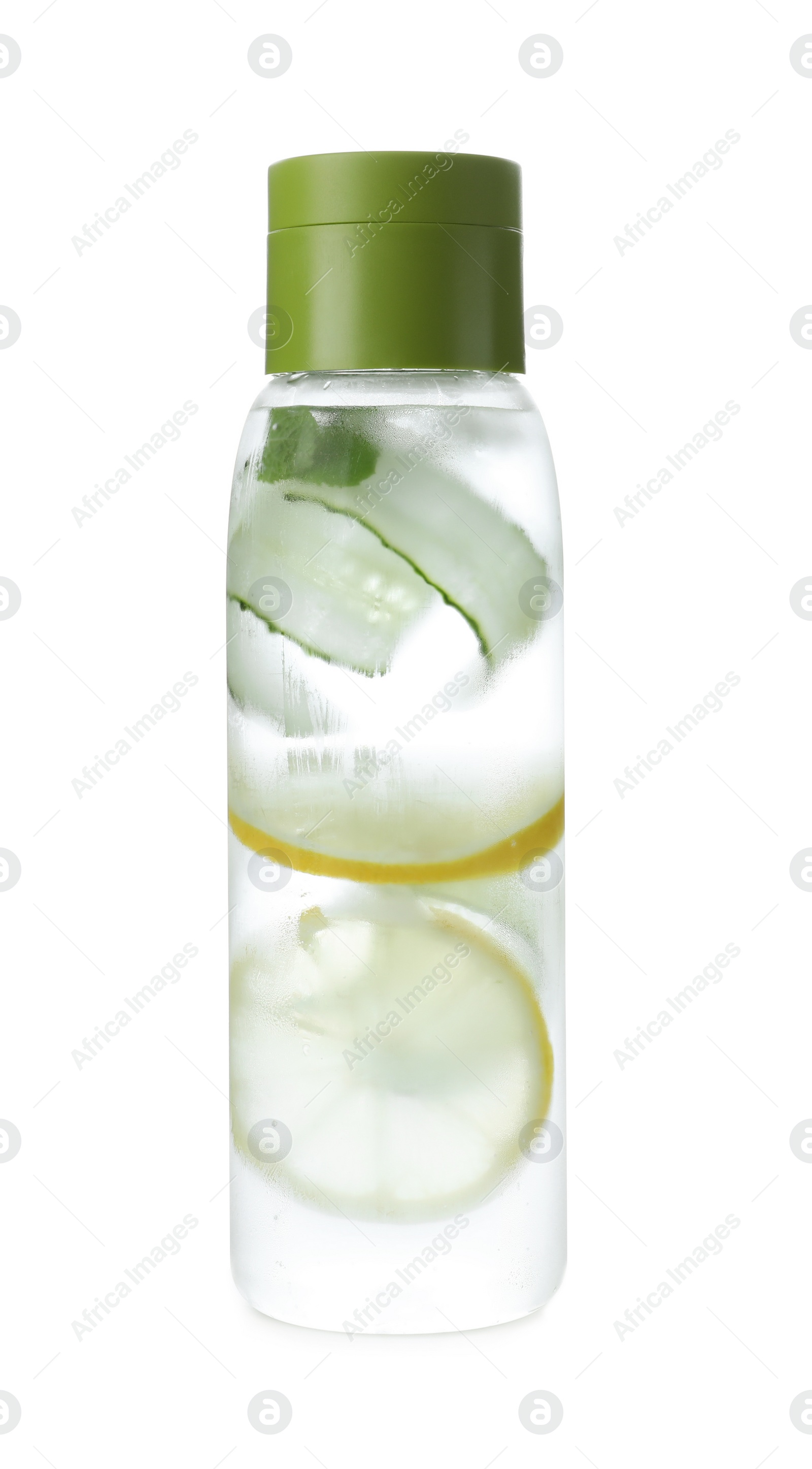 Photo of Bottle of refreshing water with cucumber, lemon and mint isolated on white